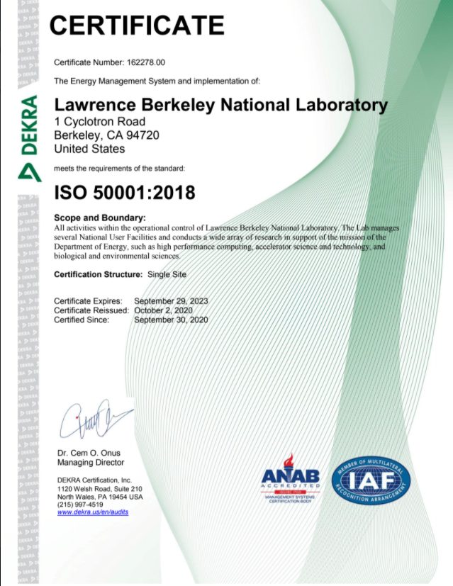 Berkeley Lab’s Energy Management Certified to ISO 50001