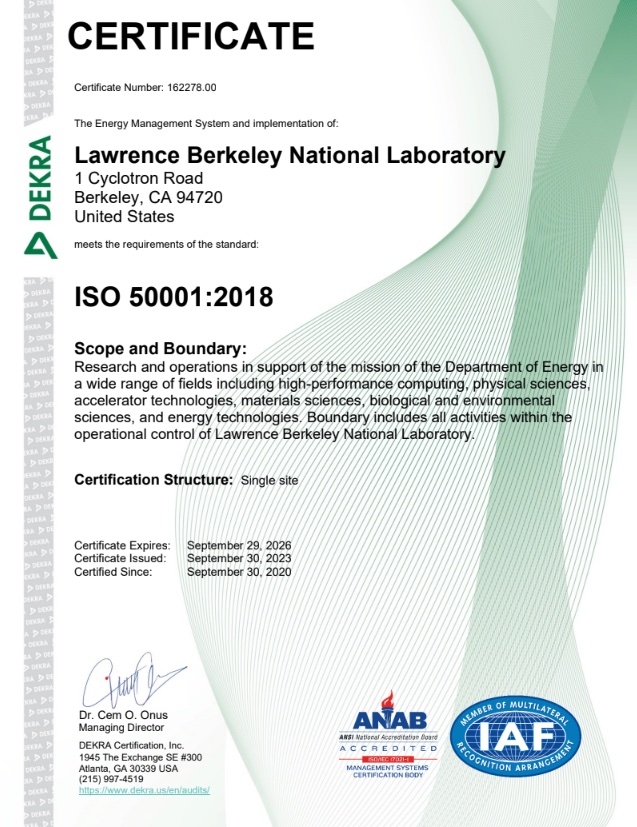 Berkeley Lab Receives ISO 50001 Recertification